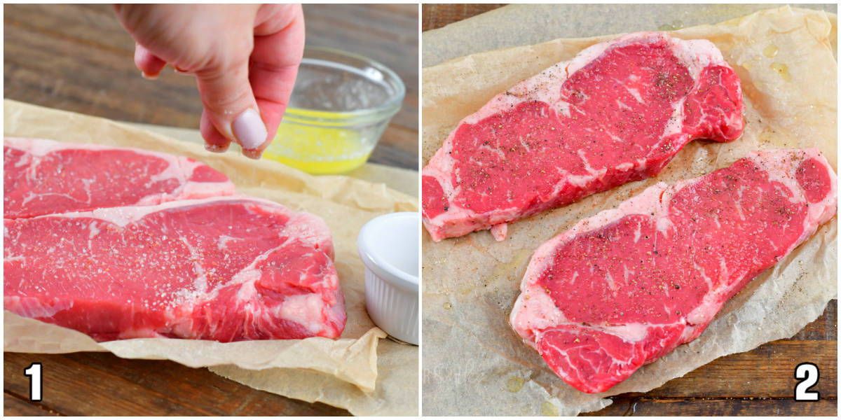 collage of two images of seasoning steaks and seasoned steaks on parchment.