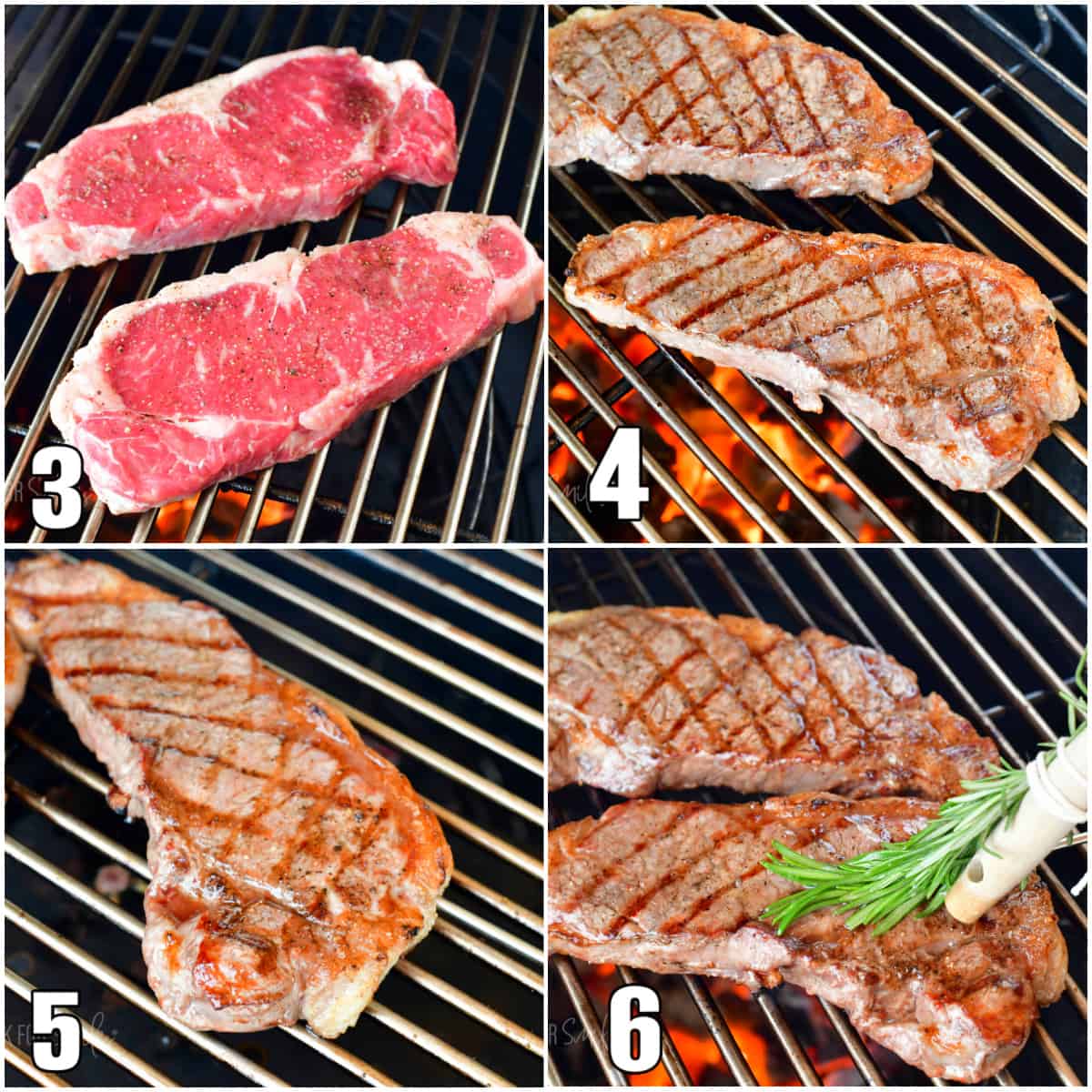 collage of four images of steps to grill steaks starting with raw steaks, the searing, and brushing with rosemary.