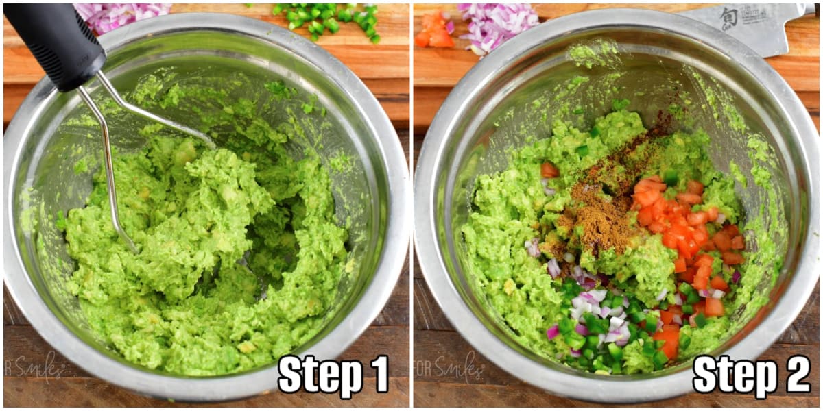 collage of two photos of steps to make guacamole by mashing avocado and then mixing.