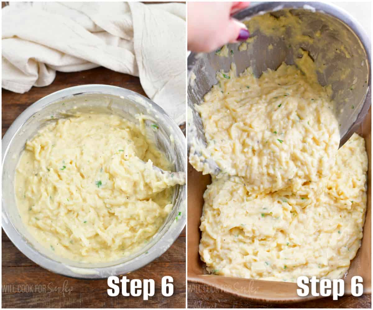 collage of two step images of stirring hash brown potatoes in sauce and adding to the pan.