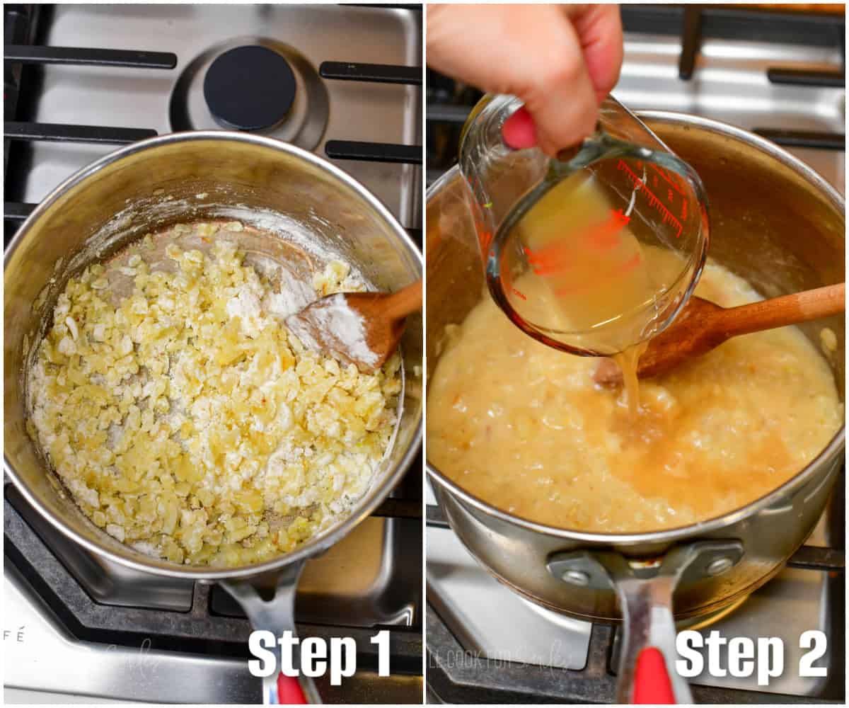 collage of two step photos of stirring in flour and onions and adding broth to the pot.