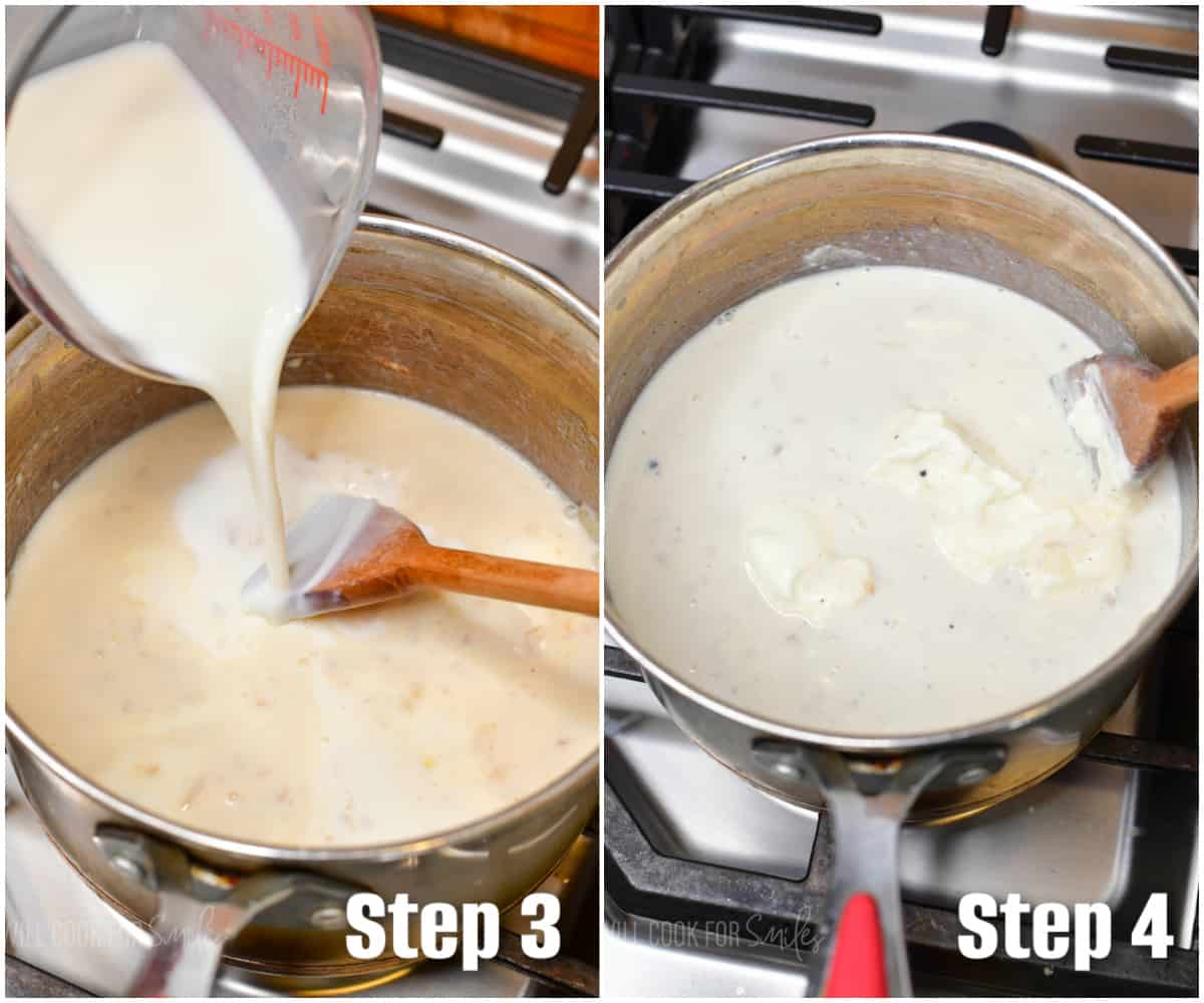 two step photos of adding milk to the sauce and stirring in sour cream.
