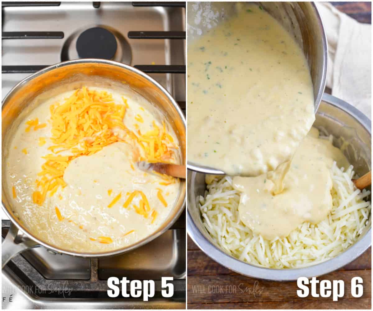collage of two steps of stirring in cheese into the sauce and pouring cheese sauce into potatoes.