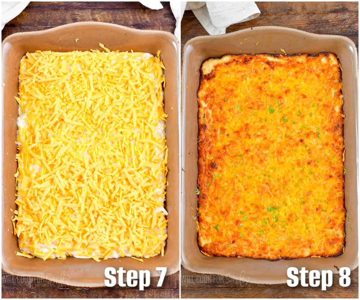 collage of two images of hashbrown casserole before and after baking.