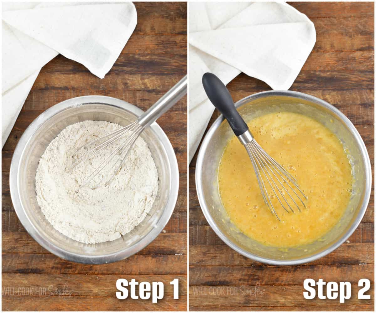 collage of whisking dry ingredients and wet ingredients in the bowls side by side.