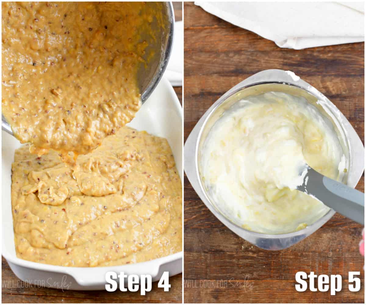 two image collage of pouring the cake batter into the baking dish and mixing the topping in a bowl.