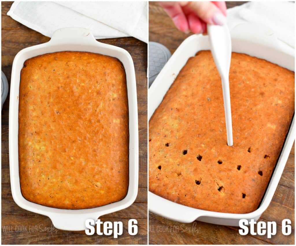 two photo collage of baked cake and poking holes in a cake.