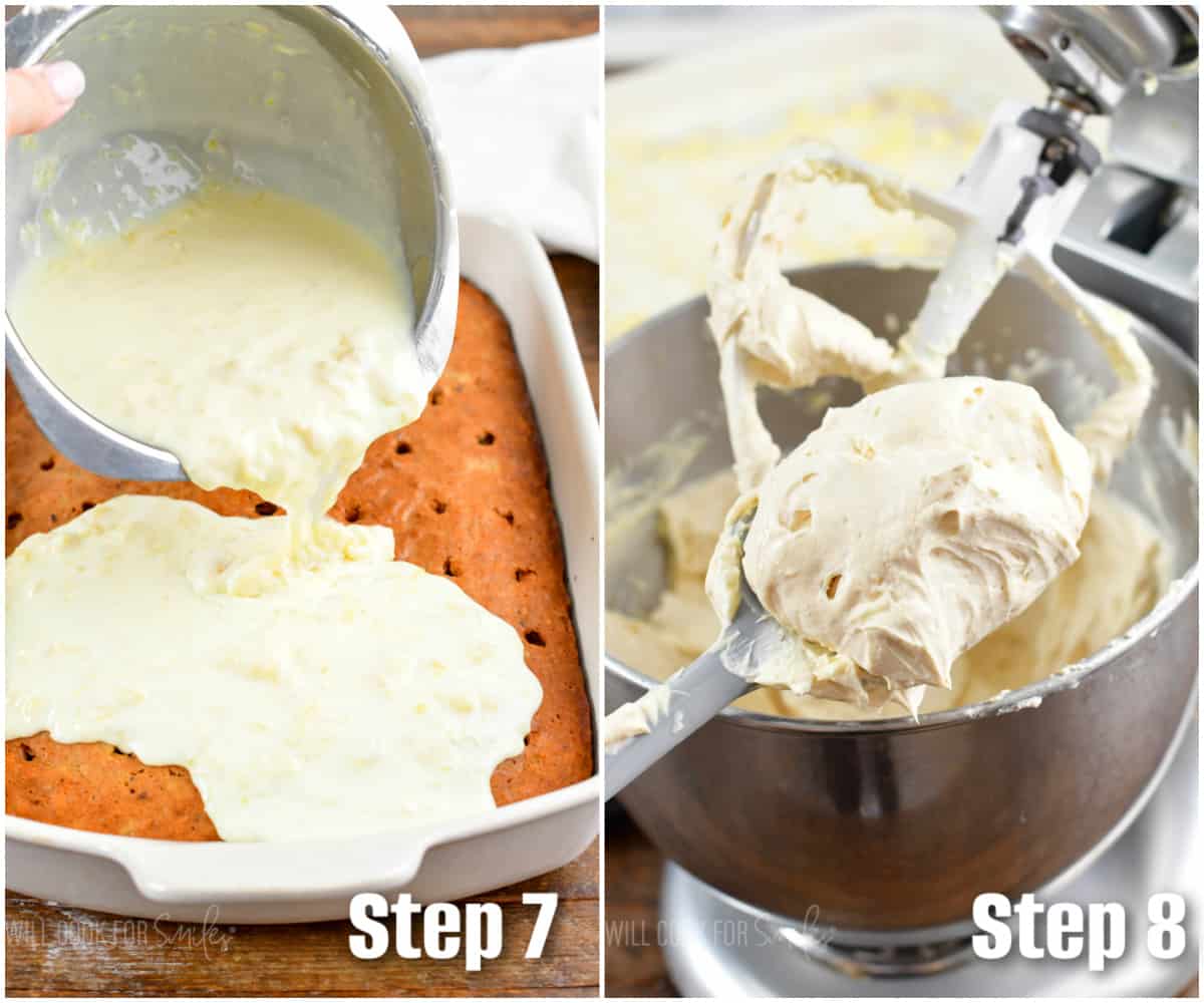 two photo collage of pouring the creamy topping over the cake and frosting.