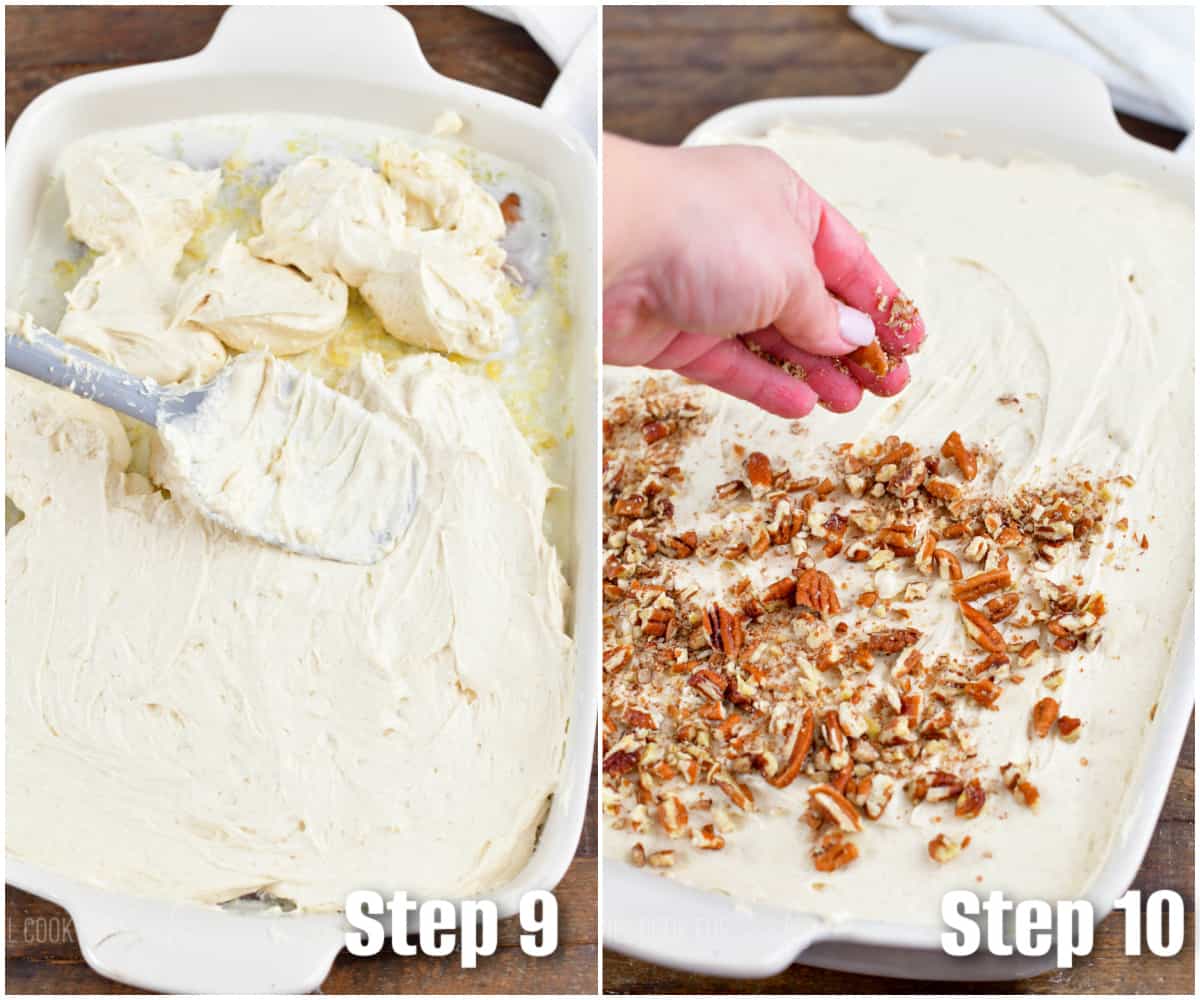 two photo collage of frosting the poke cake and topping frosted cake with nuts.