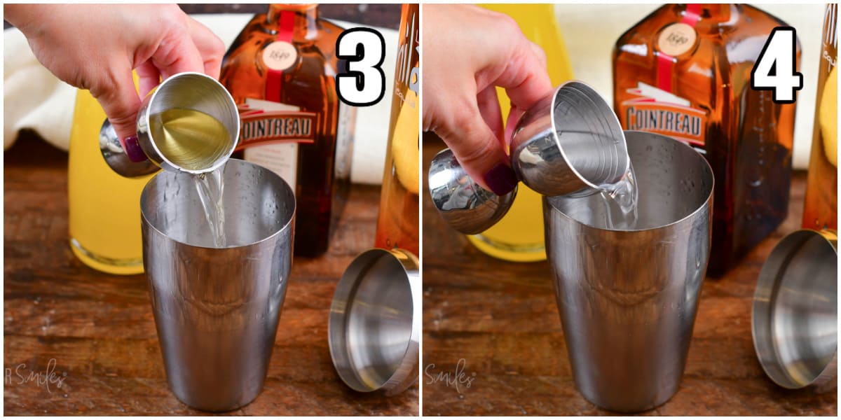 collage of two images of pouring tequila and Cointreau into the cocktails shaker.