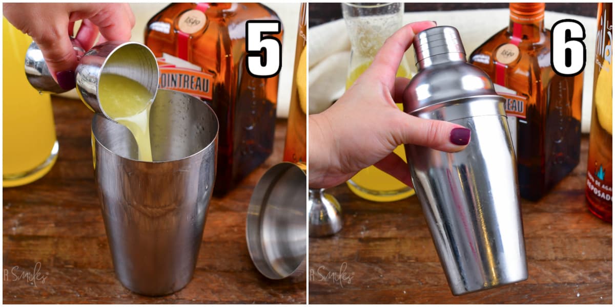 collage of two images of pouring the margarita mix into cocktail shaker then shaking it.