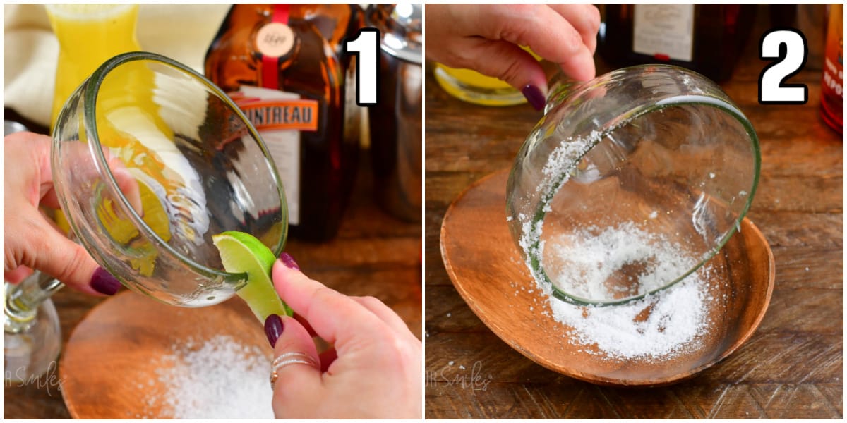 collage of two images of dipping the rim of a margarita glass in lime then salt.