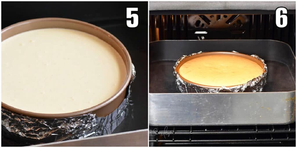 collage of two images of cheesecake in the oven before and after cooking.