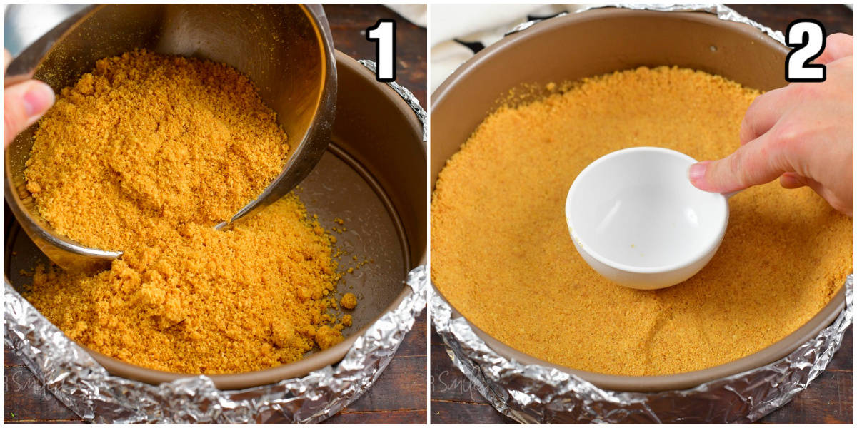 collage of steps to add and press the crust for the cheesecake in a pan.