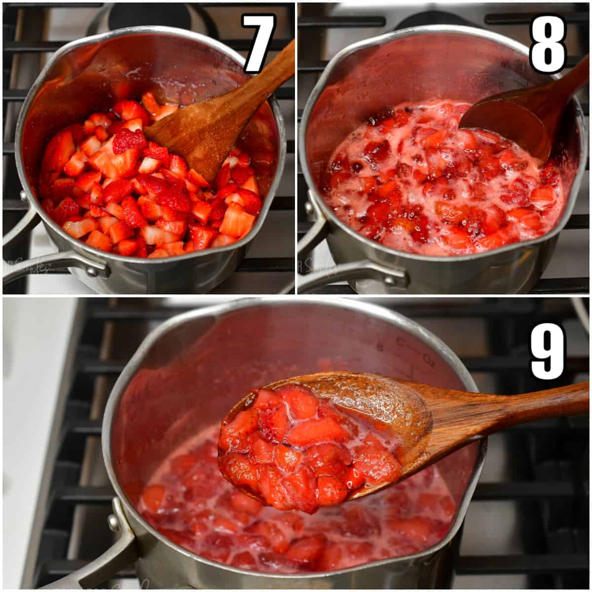 collage of three images of cooking strawberries in the pot until cooked down.