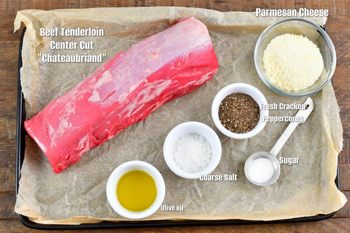 ingredients to make pepper crusted beef tenderloin and labels.