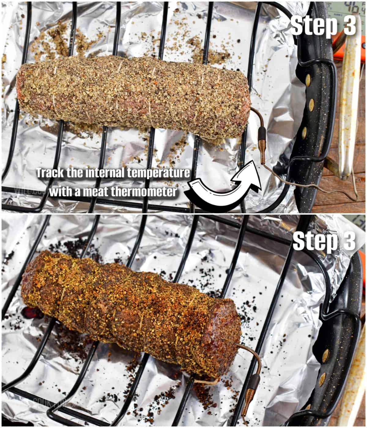 collage of seasoned and tied beef tenderloin in the roasting pan before and after cooking.