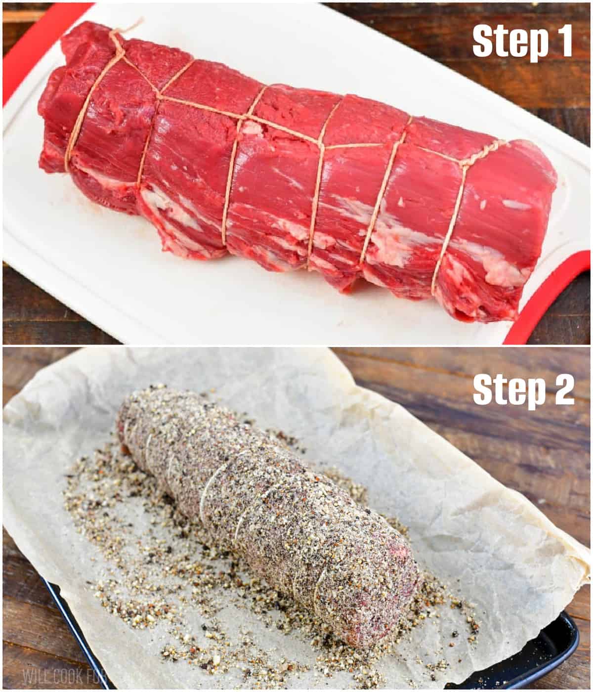 collage of two images of tied beef tenderloin center cut and coated in seasoning.