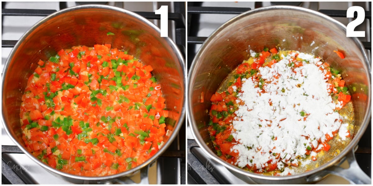 collage of two images of sautéing veggies for the dip and adding flour.