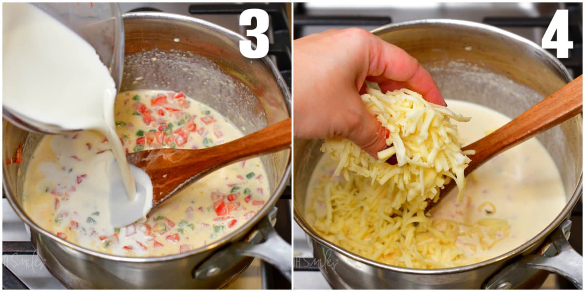 collage of two images of adding milk to the dip and adding handfuls of shredded cheese.