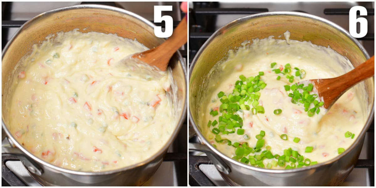 collage of two images of stirring white queso dip and adding in green onion.
