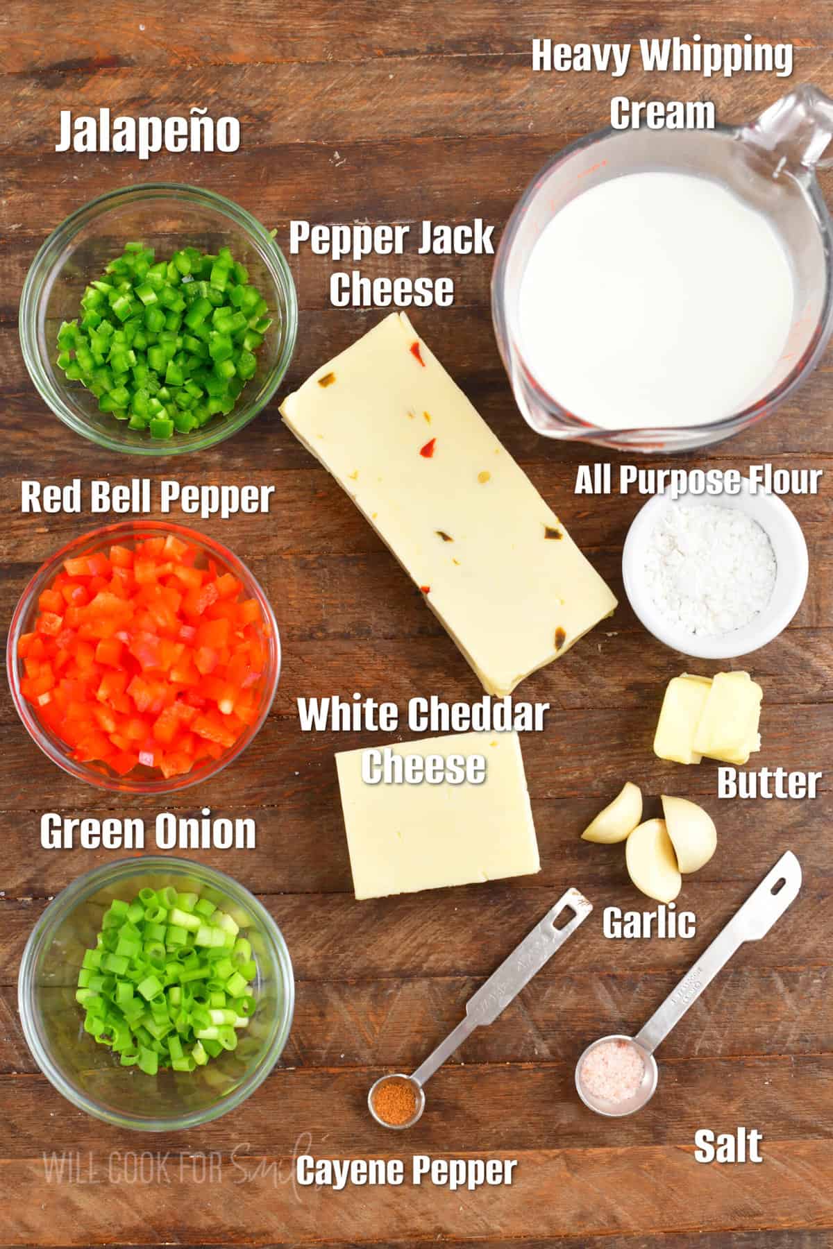 ingredients for homemade queso blanco dip on a wooden board and labeled.