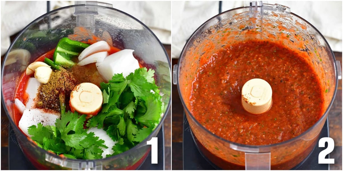 collage of two images of blending salsa in a blender, before and after.