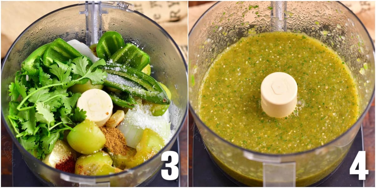 collage of two images of ingredients for salsa verde in the blender before and after blending.