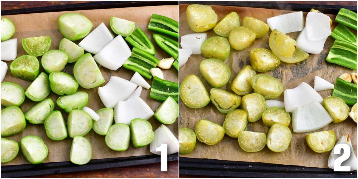 collage of two images of roasted veggies spread in a baking sheet before and after cooking.