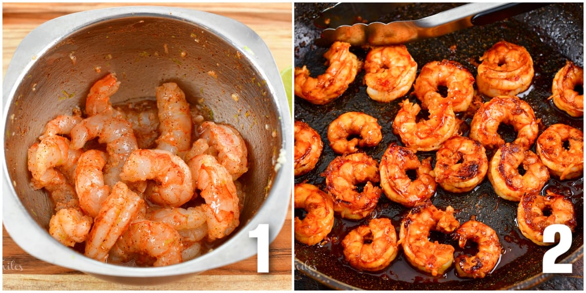 collage of two images of marinating shrimp and cooked shrimp in a pan.