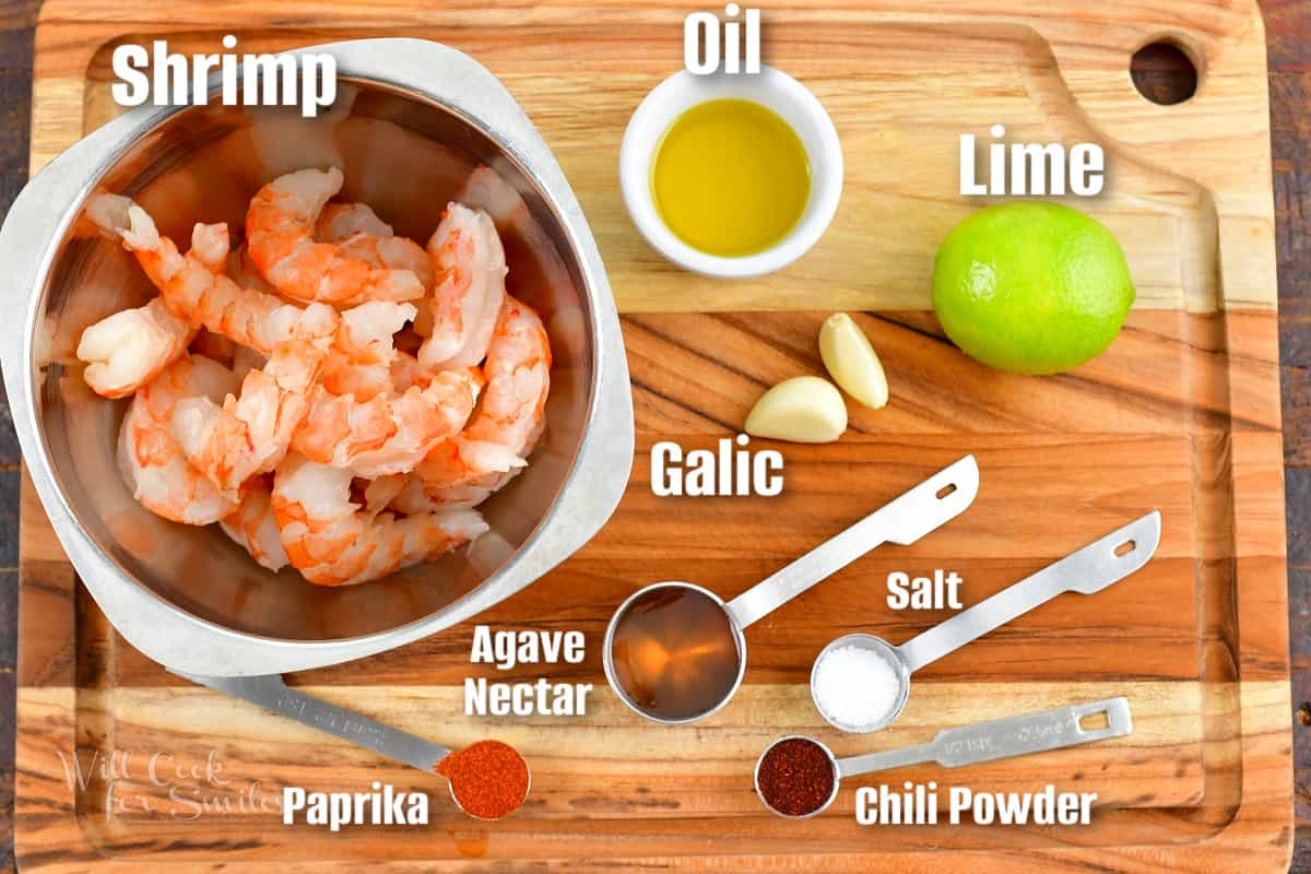 labeled ingredients to marinate the shrimp on the board.