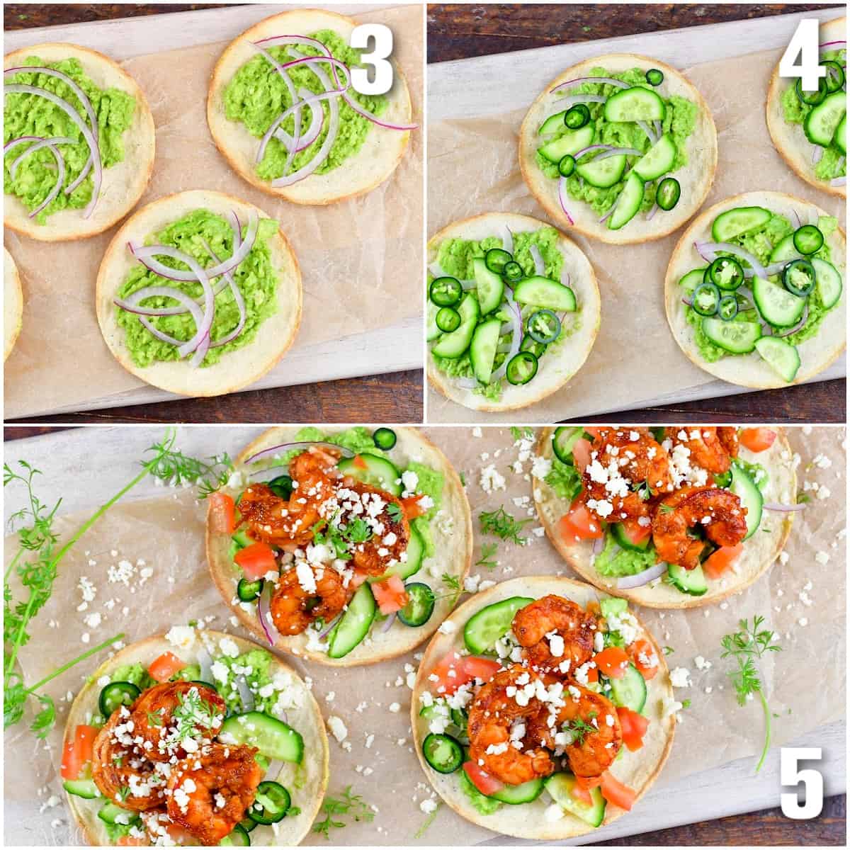 collage of three images of building shrimp tostadas with guacamole, veggies, and shrimp.