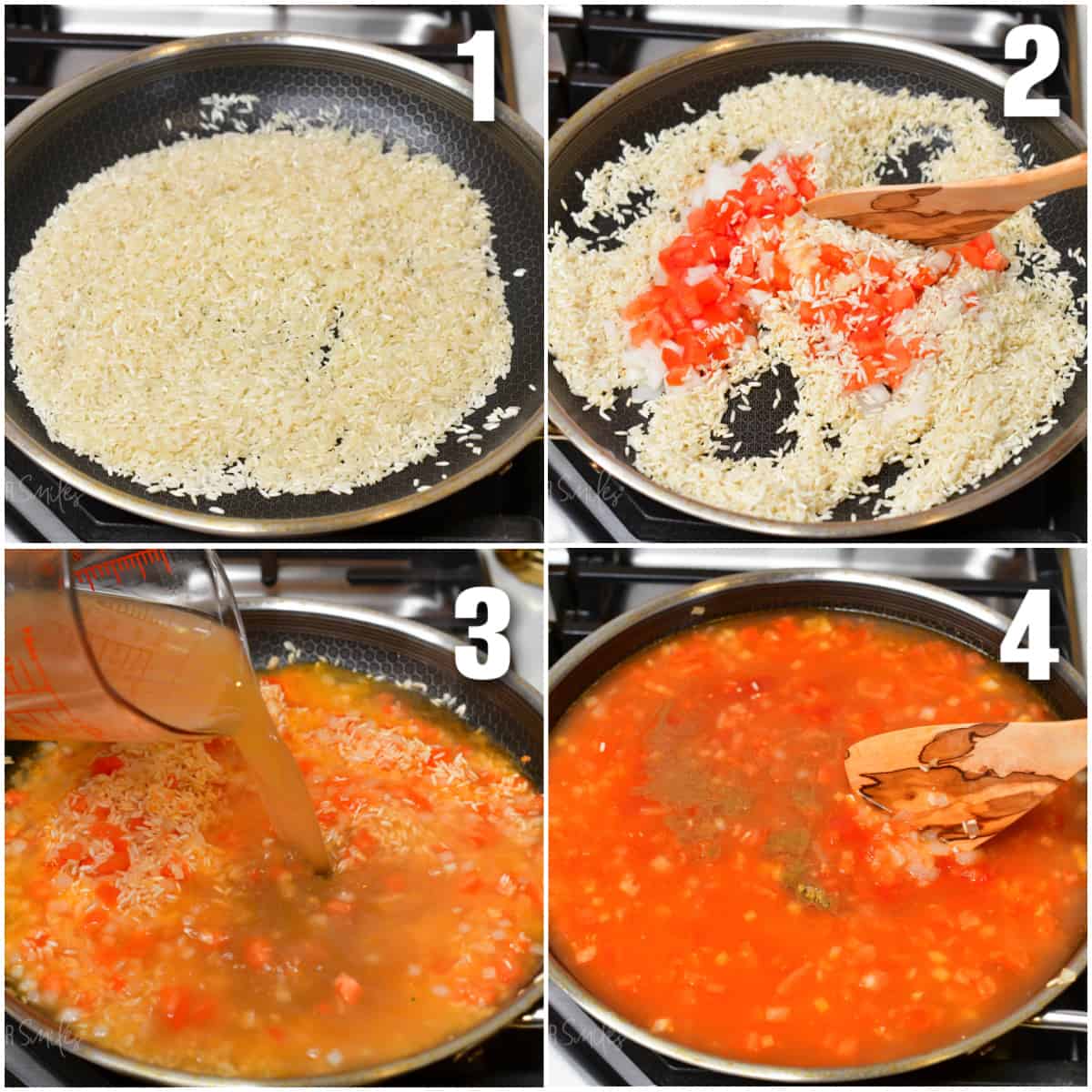 collage of four images of cooking steps for Spanish rice with adding veggies, broth, and seasoning.