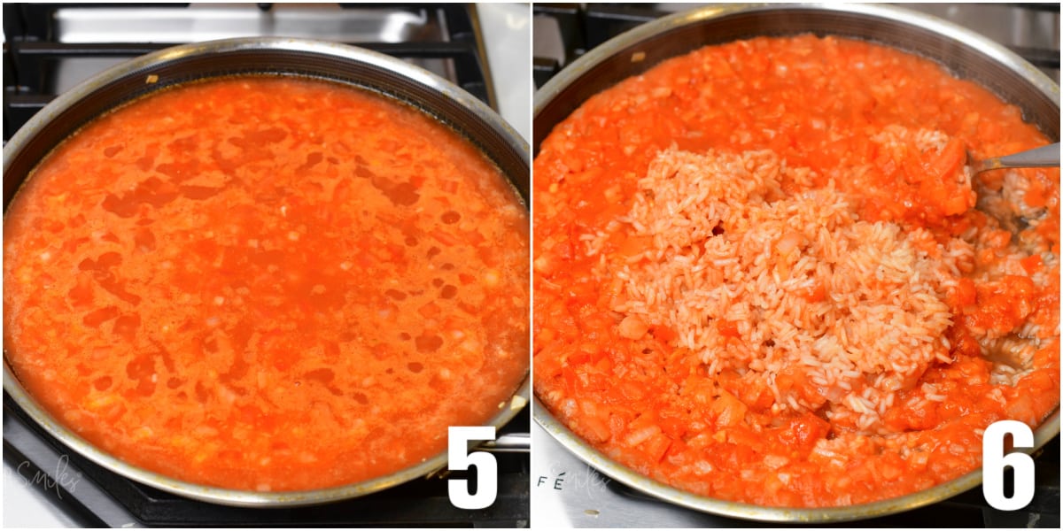 collage of two images of cooking Spanish rice simmering and then fluffing cooked rice.