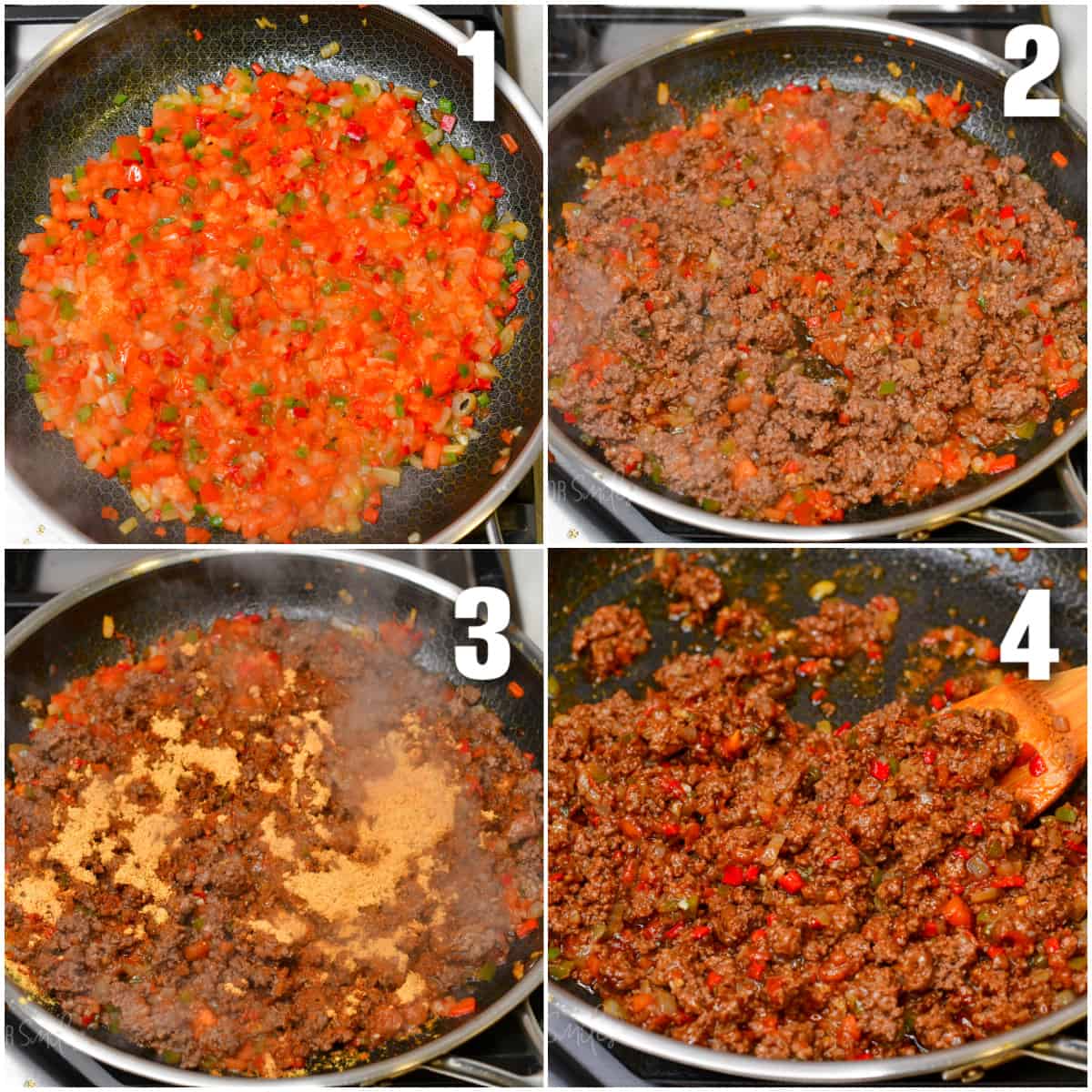 collage of four images to cook veggies and then beef for the taco dip.