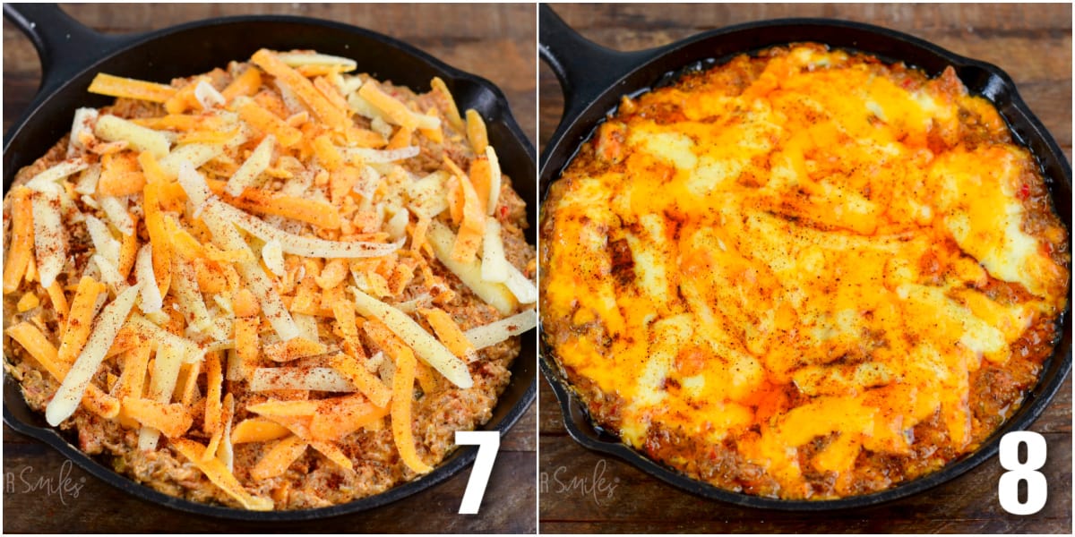 collage of two images of taco dip in a skillet with cheese before baking and then after.