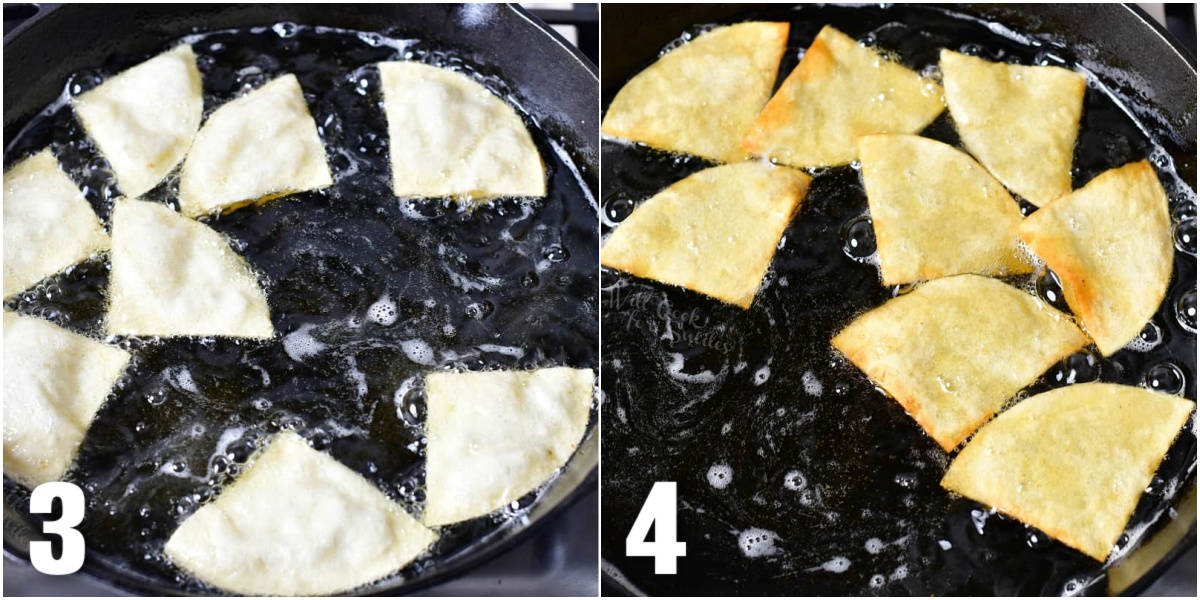 collage of two images of frying tortilla chips before and after.