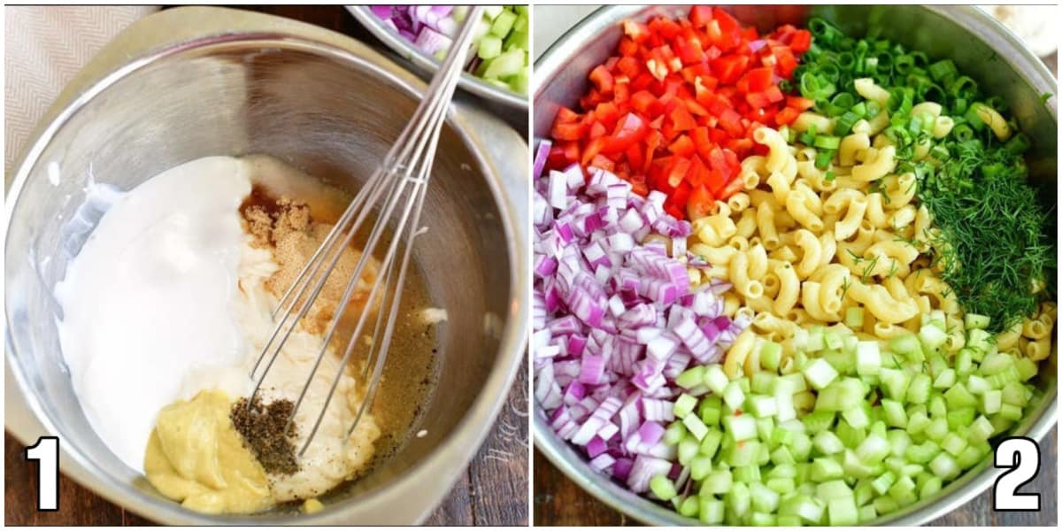 collage of two images of whisking the dressing and ingredients for macaroni salad in a bowl.