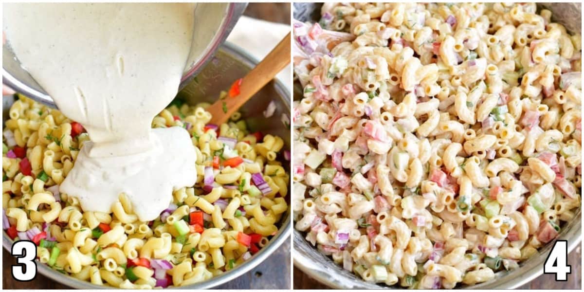 collage of two images of adding dressing to macaroni and mixing salad in a metal bowl.