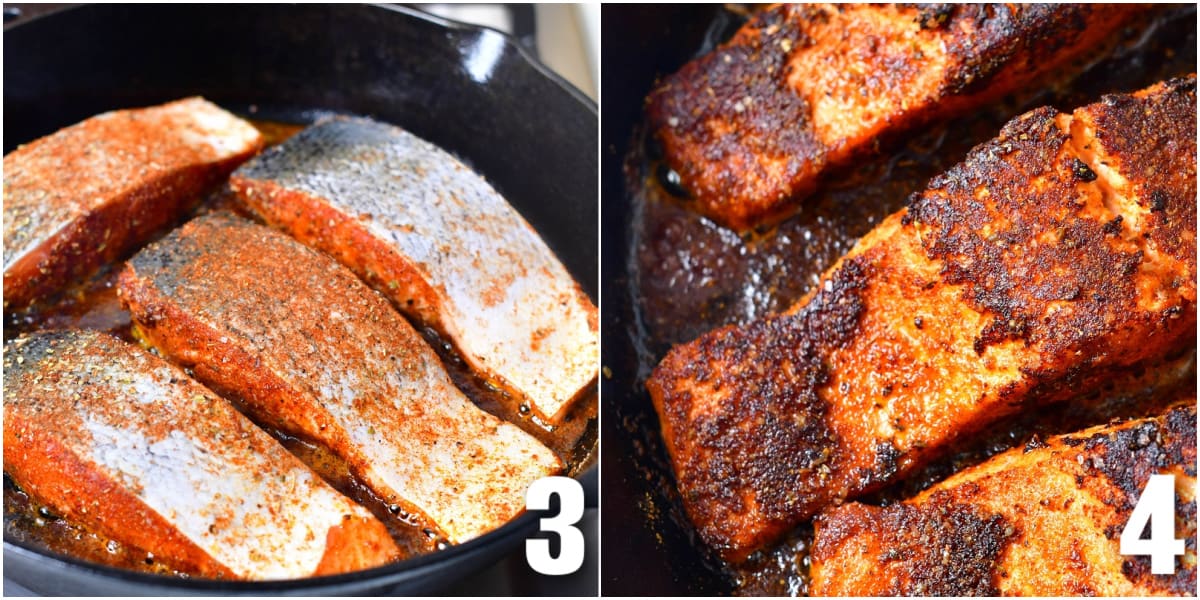 collage of two images of salmon filets cooking in the skillet and cooked salmon in the skillet.