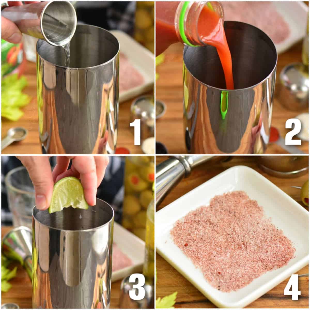 collage of four images of adding vodka, tomato juice, lime juice, and spicy salt rim mix.