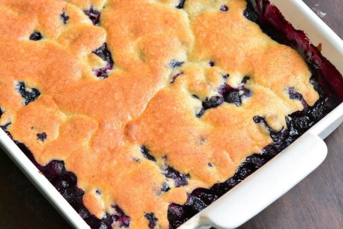 baked blueberry cobbler in a white baking dish.