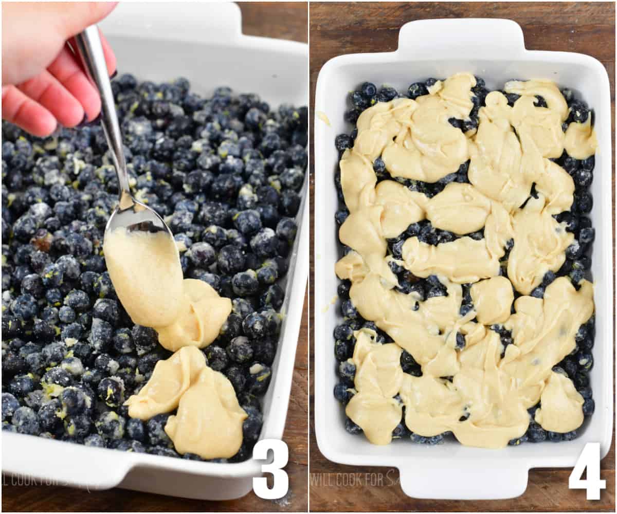 collage of two images of adding batter dollops to blueberries and blueberries topped with batter.
