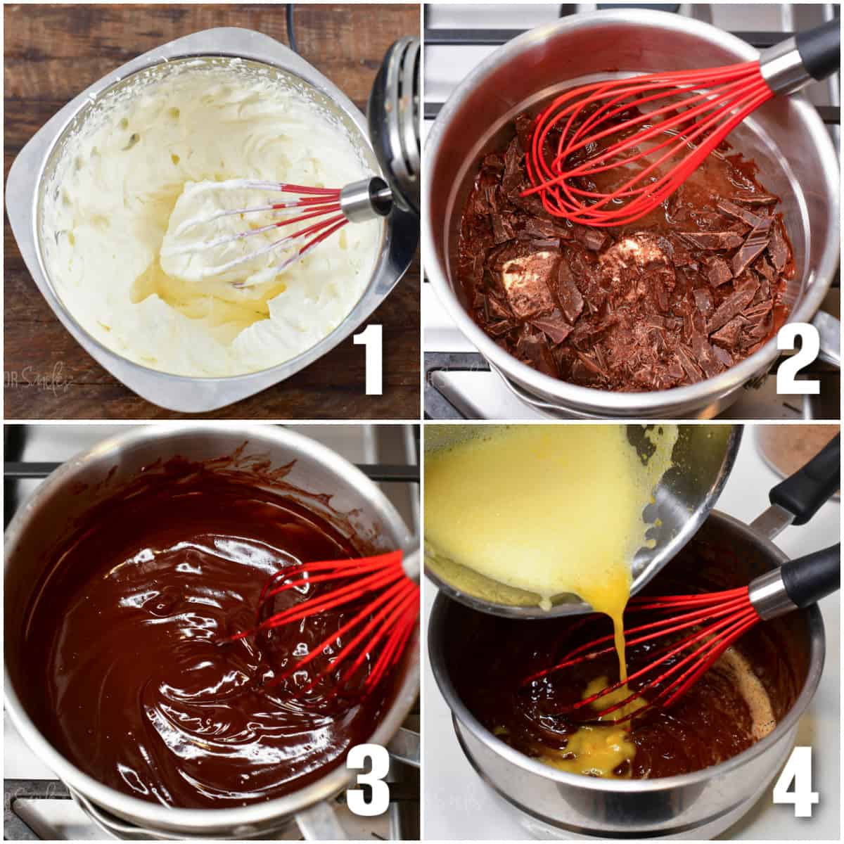 collage of four images of steps to make chocolate mousse from whipped cream to chocolate and egg mix.