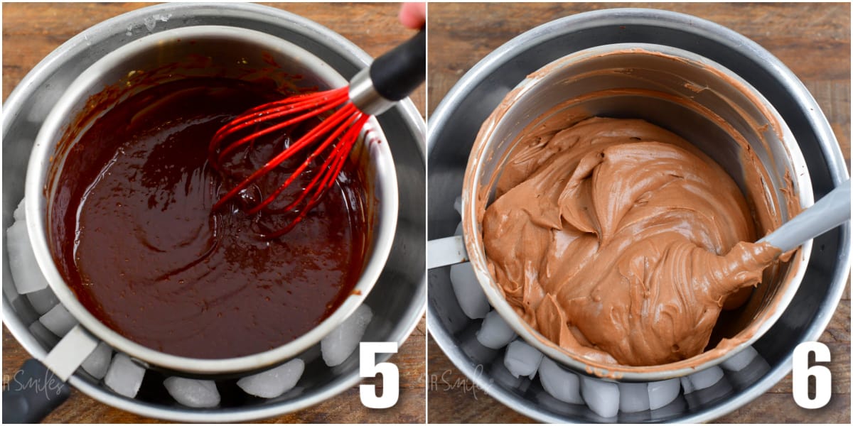 collage of two images of cooling chocolate and mixing it with whipped cream.