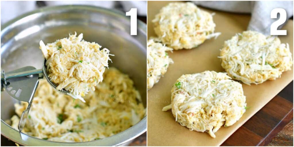 collage of two images of scooping crab cake mixture and shaped crab cakes.
