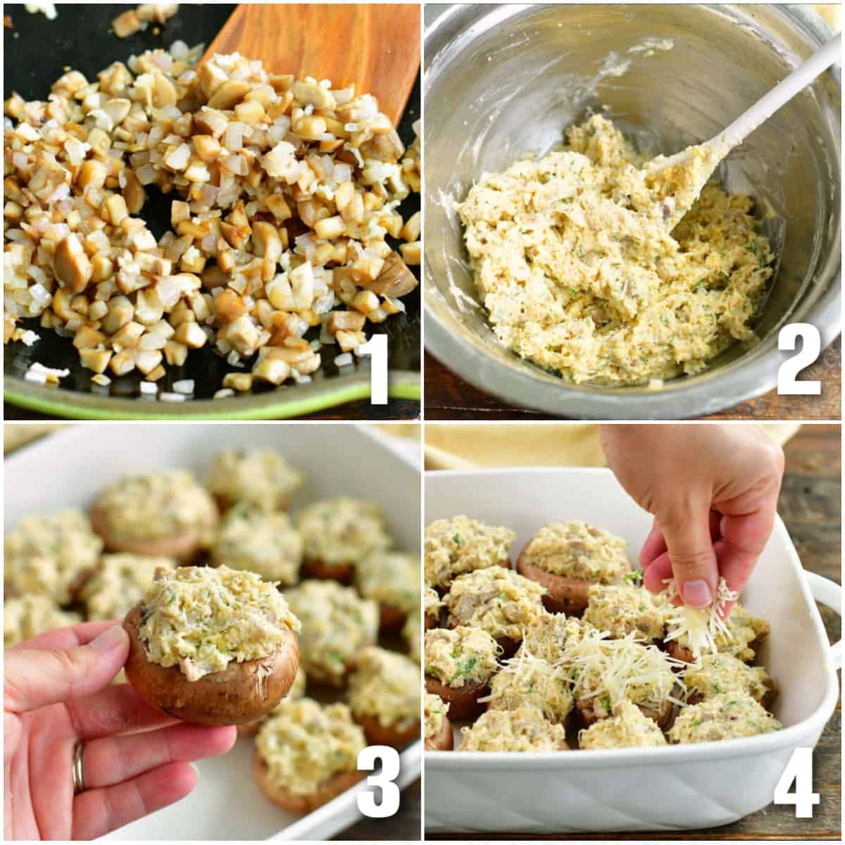 four image collage of steps to make stuffed mushrooms with cooking veggies, mixing and stuffing.