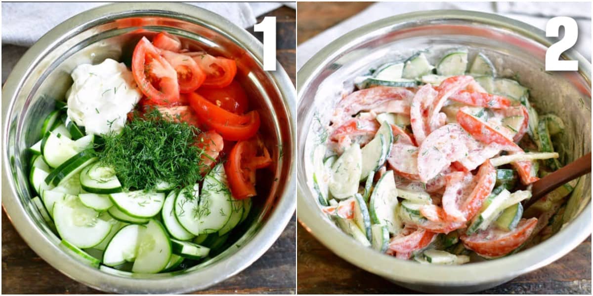 collage of two images of tomato salad ingredients in a mixing bowl and mixing them.