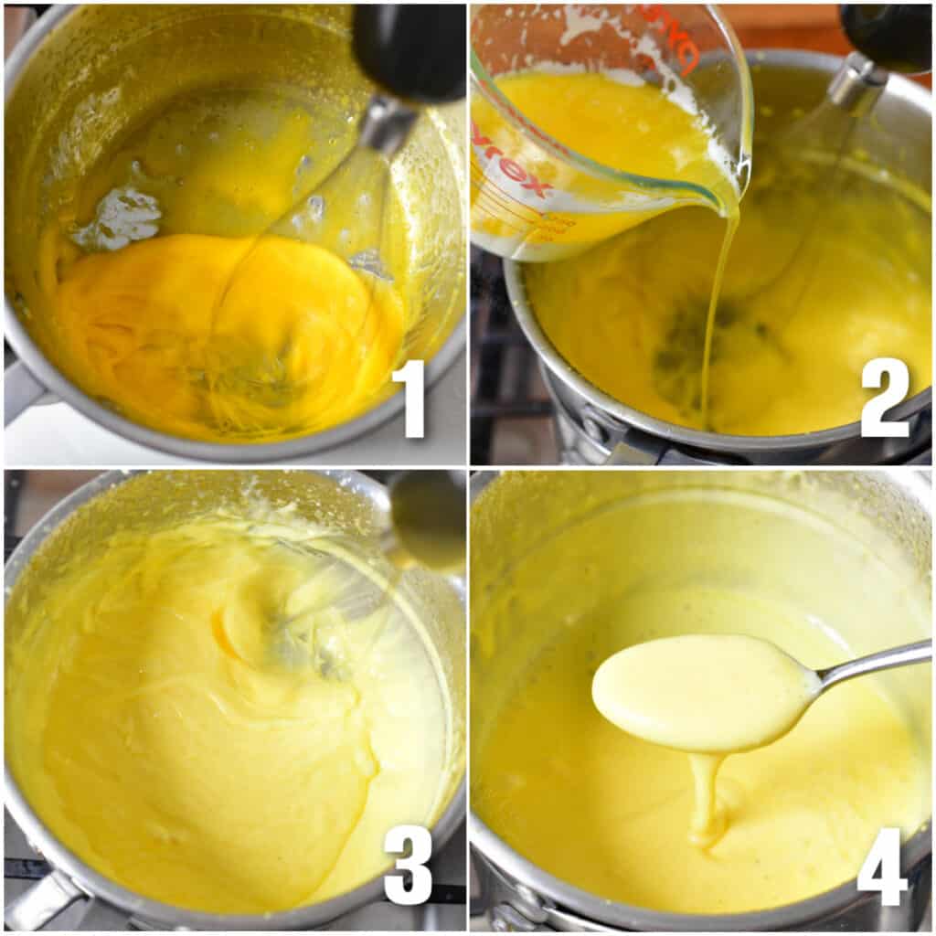 collage of four images of preparing Hollandaise sauce in a sauce pot.