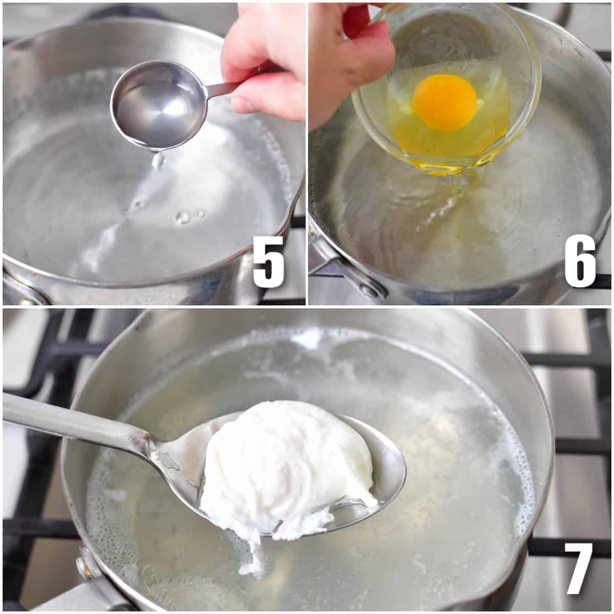 collage of three images of making poached eggs.
